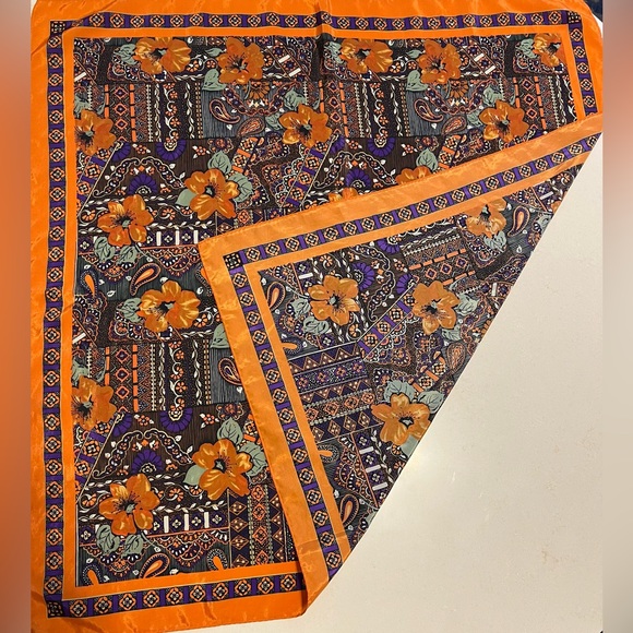 Square Silk Scarf 31” x 31” Orange / Purple Floral & Paisley Design - Picture 7 of 12